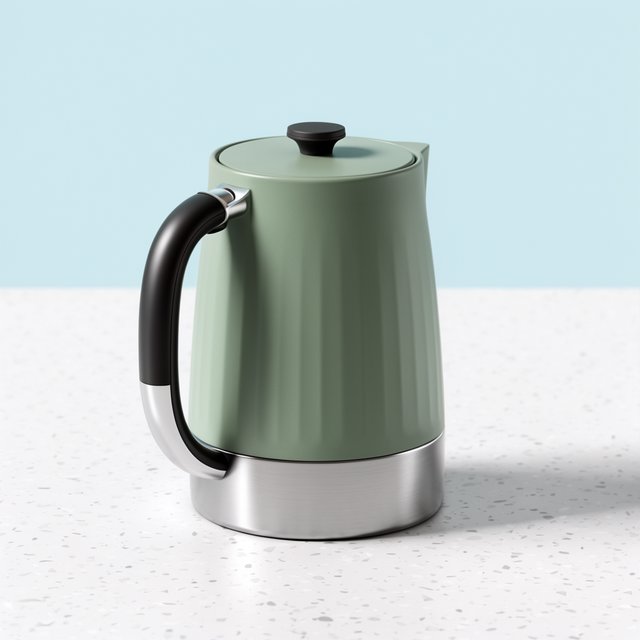 Commercial product photograph of an unbranded electric kettle made from matte sage ceramic and brushed stainless steel, resting on a white terrazzo surface against a pale blue background, with soft window light from the left and a delicate grounding shadow. — Krea 2 Large