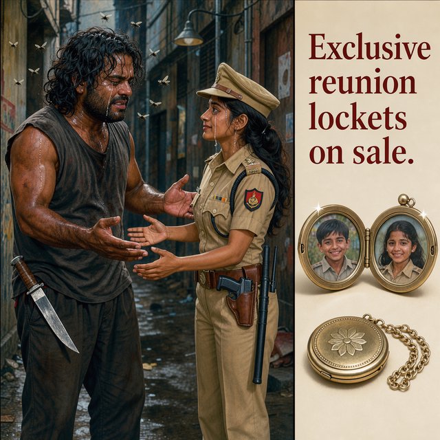 A reunion of long-lost brother and sister, as depicted in Bangladeshi films. The brother is now a thug, he is overweight, with badly cut, long, curly hair. He wears a sleeveless T-shirt. A large knife peeks out of his trousers. His arms open wide to hug his sister. He stinks. So a few flies hover around his head. His sister, typically the film heroine, and therefore very attractive. But she's a cop wearing a cap and body-fitting khaki police dress. A gun in her holster, a baton by her belt, plus a walkie talkie in her one hand. Her arms are also open wide to hug the brother. Both are tearful. They must be placed on one side of the image. On the other side of the image, we place some products from the film that we want to sell: A circular locket that is open like a book, with childhood pictures of the brother and the sister on two sides. Below this open locket, we show a closed locket. Add text: Exclusive reunion lockets on sale. — Model 1