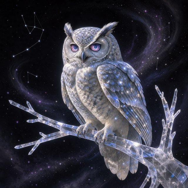 An ethereal owl with feathers made of shimmering moonlight and eyes like miniature galaxies, perched on a branch of a crystalline tree that grows in a void. Wisps of cosmic dust drift around it, and faint constellations are visible in the background. The scene evokes a sense of profound tranquility and celestial mystery. Style: Ethereal, surrealism, with a touch of photorealism. — FLUX 3 Image