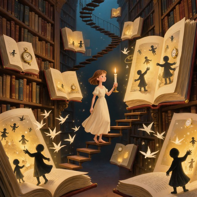 In an infinite library where floating staircases defy gravity, a young woman carries a candle through endless shelves. Her shadow has quietly detached itself from her feet and now wanders independently among the towering bookcases, secretly opening glowing books filled with forgotten memories. Each open page reveals miniature worlds: flying origami birds, drifting clocks, and tiny ghostly figures. The woman's candlelight creates impossible reflections, revealing dozens of alternative shadows with distinct personalities. Dreamlike surrealism, warm golden candlelight set against deep blue darkness, intricate details, magical realism, painterly. — Kling v3 Omni