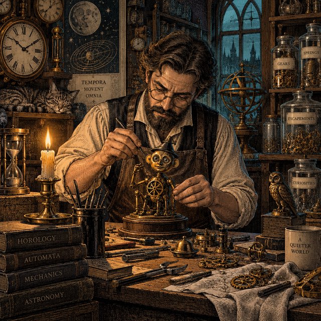 Engraved ink illustration of an adult clockmaker assembling a whimsical brass automaton in a candlelit workshop, with gears, springs, and glass jars surrounding the bench. Palette of charcoal, copper, teal, and honey yellow, with crisp crosshatching and warm shadows. — GPT Image 2.5 Sunburst