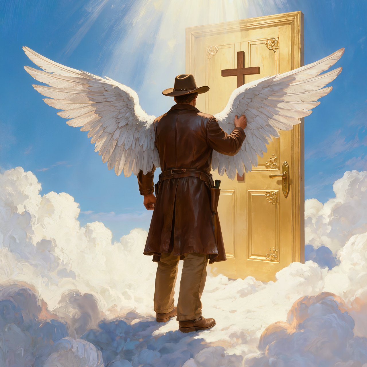 Create a painted image of a frontier lawman in heaven, facing away from the camera with angel wings. He is standing on a ground made of clouds, with a door in front of him. Holding a cross, he uses it to knock on the door. — Kling v3
