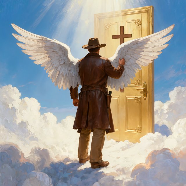 Create a painted image of a frontier lawman in heaven, facing away from the camera with angel wings. He is standing on a ground made of clouds, with a door in front of him. Holding a cross, he uses it to knock on the door. — Kling v3