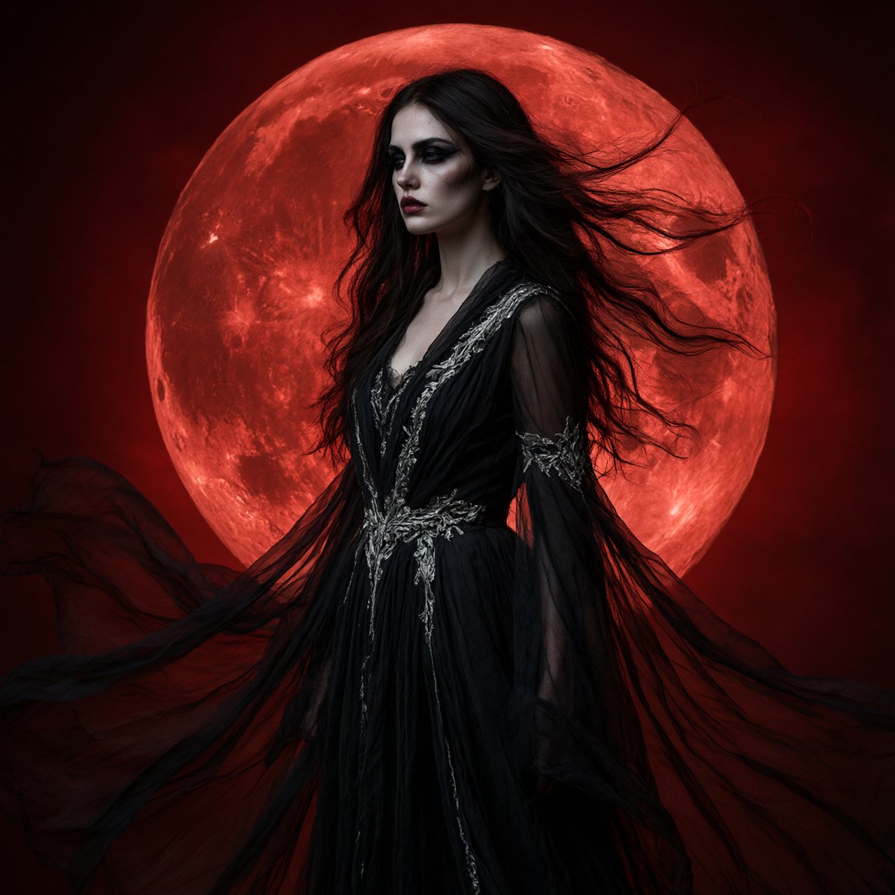 Captivating gothic goddess silhouetted against a blood red moon. Long dark hair blowing in a gentle breeze. Dramatic make-up. Ethereal black garment with silver details billowing in the breeze. Pensive expression. — Qwen Image 3.0 Pro