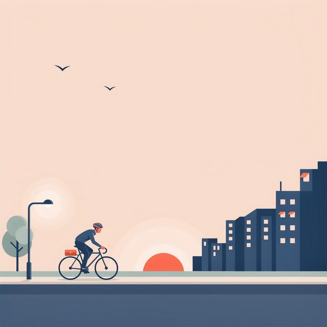 Flat vector illustration of a cyclist commuting through a city at sunrise, limited palette of five colours, geometric shapes. — Ideogram v4