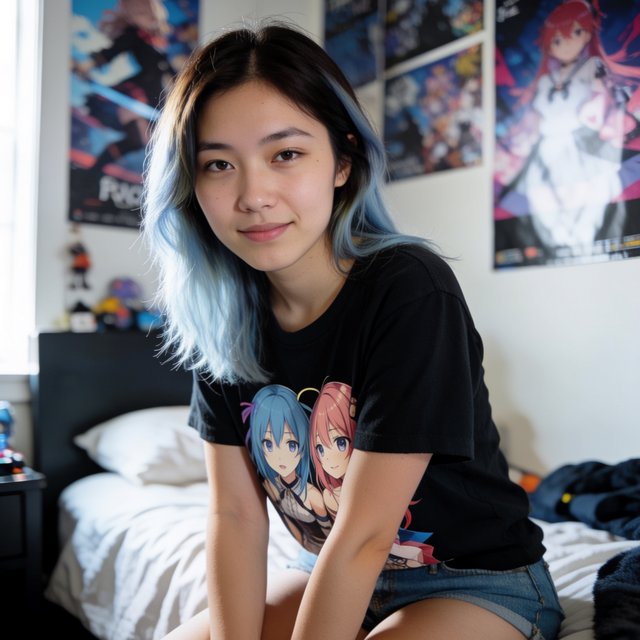 A young beautiful woman of Chinese descent, she is twenty years old, sitting in a bedroom, sitting on the edge of her bed. She is wearing a black anime-themed shirt and denim shorts. She has dark brown hair with light blue highlights, brown eyes, pale skin. Her bedroom has anime- and video game-inspired posters and trinkets. Looking at the viewer, smiling. — Krea 2 Medium