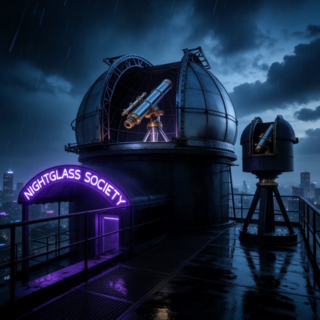On a rain-darkened rooftop observatory, brass instruments gleam beneath a sliding dome while clouds part above the city; "NIGHTGLASS SOCIETY" glows in violet neon along the entrance canopy. — Krea 2 Medium