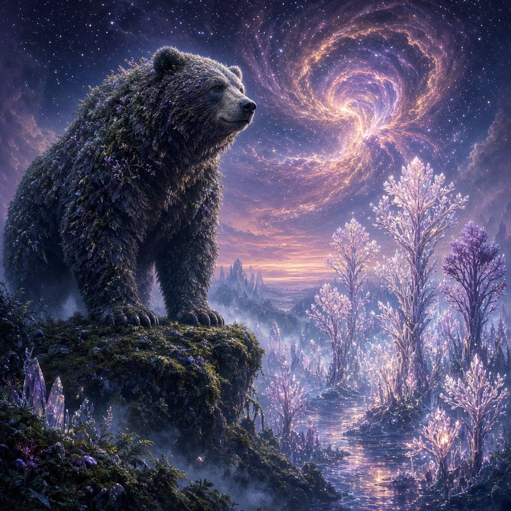 A colossal ancient bear, its fur woven with moss and starlight, stands at the edge of a shimmering, otherworldly forest. The trees are made of crystal and emit a soft, ethereal glow. In the distance, a nebula swirls in the twilight sky. The scene is rendered in a fantasy art style, with surrealist elements and cinematic lighting that emphasizes the majestic scale of nature. — Grok Imagine Image 2