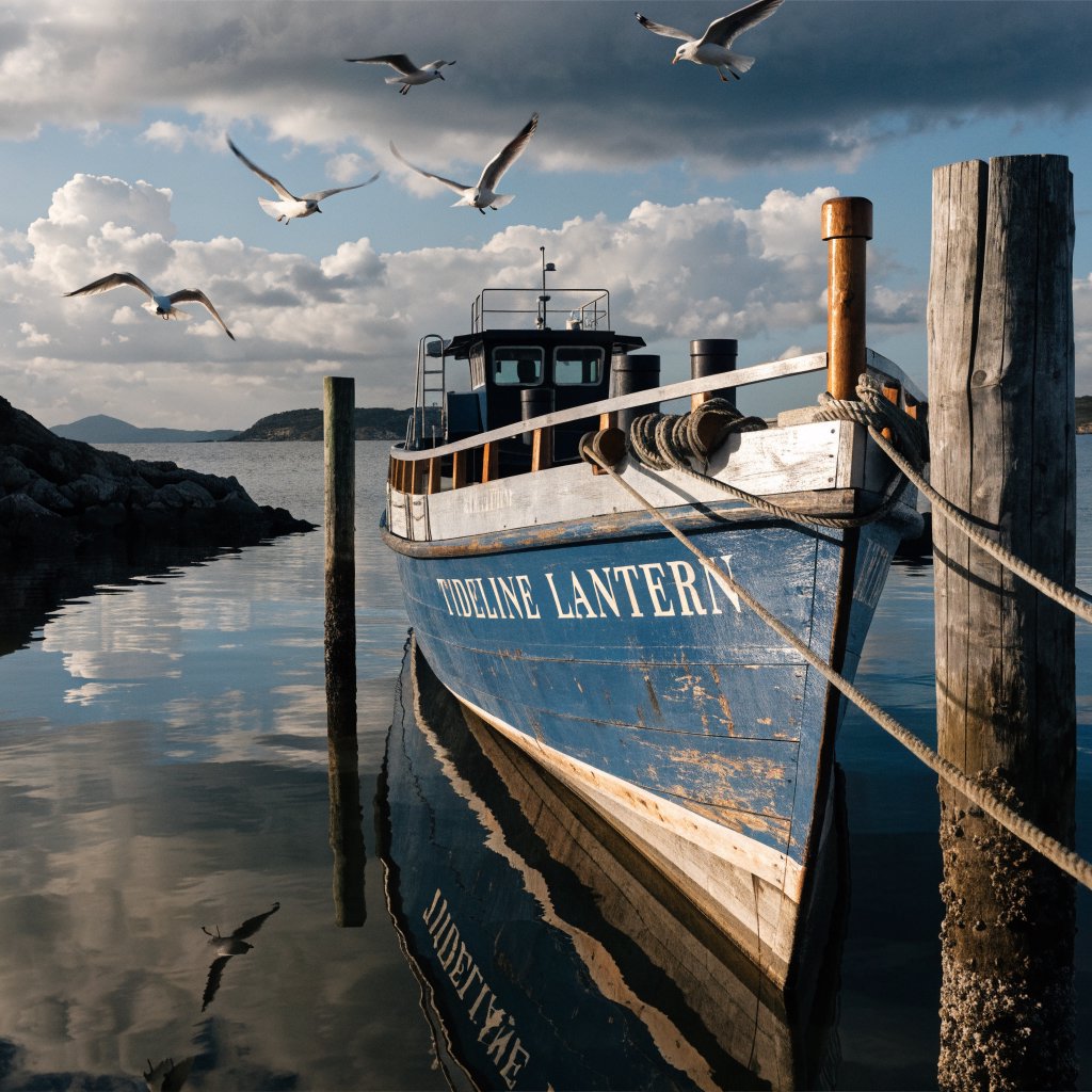 At a quiet harbor, a weathered wooden ferry rests beside slick pilings, ropes coiled on deck as gulls wheel overhead; "TIDELINE LANTERN" is painted in faded ivory letters along the blue hull. — Recraft v4