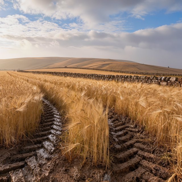 Golden barley fields ripple beneath a vast sky as a cool morning breeze follows overnight showers; muddy tractor furrows glisten in the foreground, guiding the eye past a weathered stone boundary toward low hills under broken clouds. — Model 9