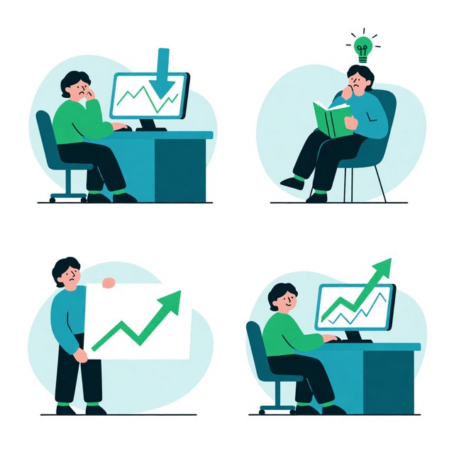 An image depicting the highs and lows of trading, in at least four panels. It ends with a very green day, record profits, and a lesson. — Model 12