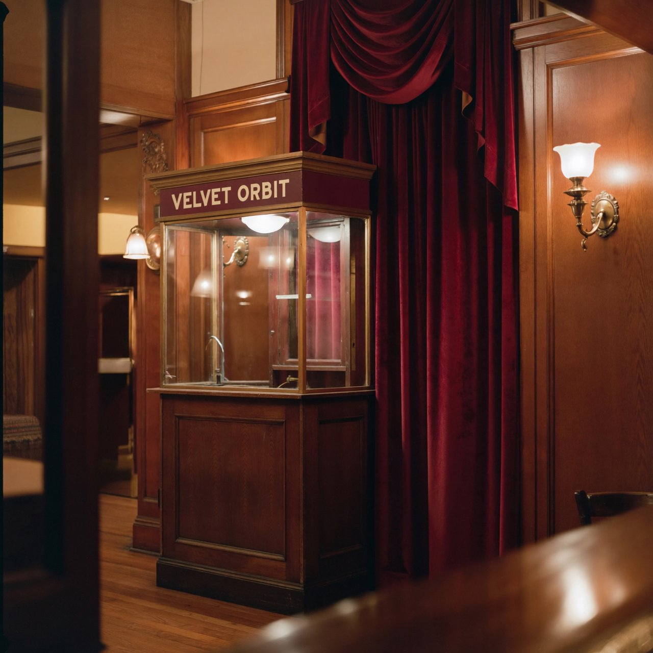 In a restored neighborhood cinema, brass sconces illuminate velvet curtains and a glass ticket booth; "VELVET ORBIT" is painted in ivory block letters across the booth’s burgundy fascia. — ImagineArt 2