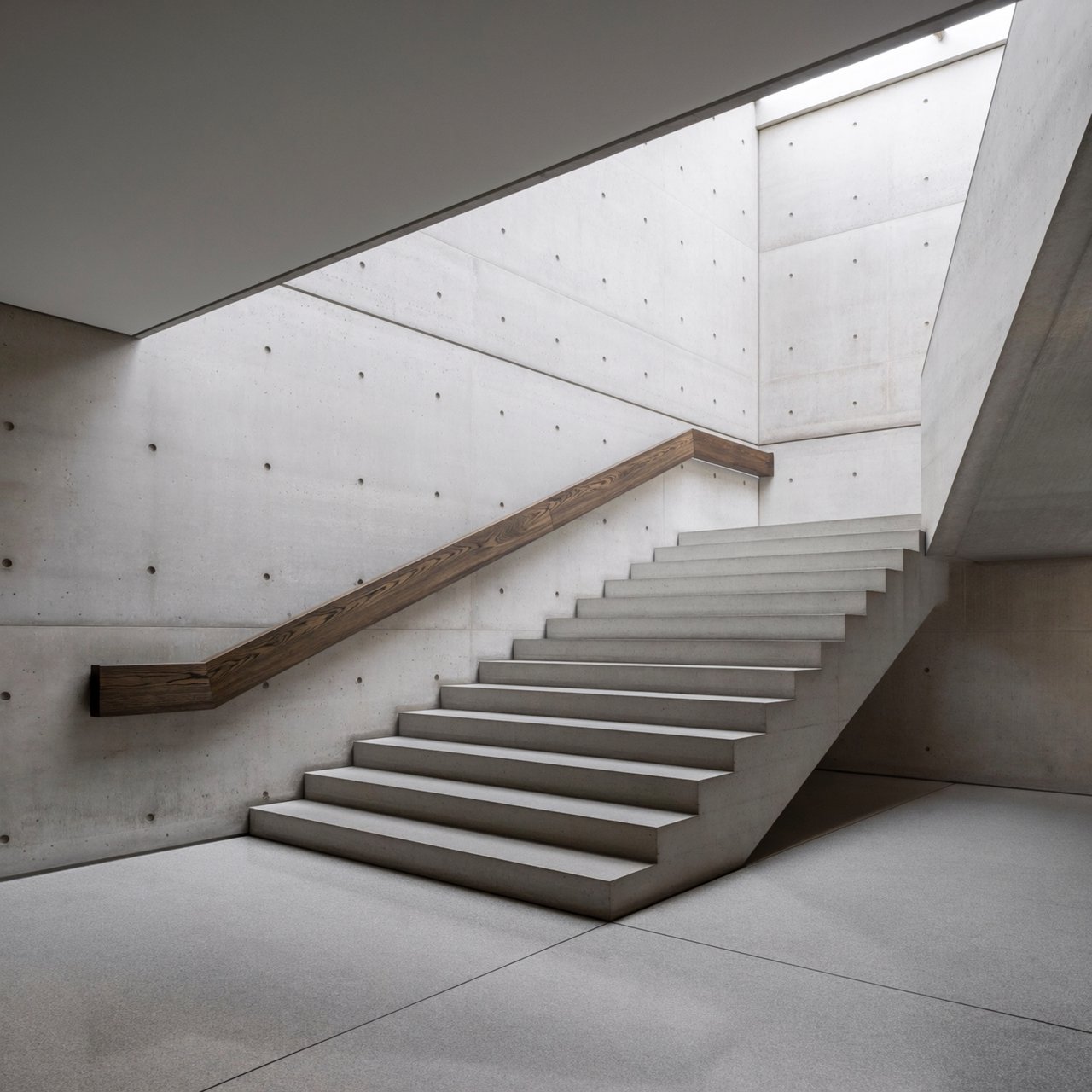 At the heart of a restrained Brutalist museum, a folded concrete stair rises beside smoked-oak handrails and terrazzo landings; skylight washes the treads, seen from the lower landing, with aligned flights and believable supports. — ImagineArt 2