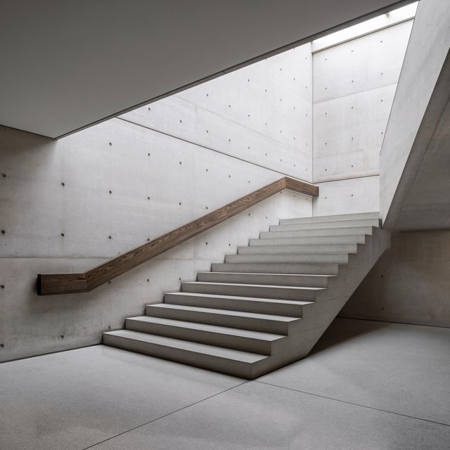 At the heart of a restrained Brutalist museum, a folded concrete stair rises beside smoked-oak handrails and terrazzo landings; skylight washes the treads, seen from the lower landing, with aligned flights and believable supports. — ImagineArt 2