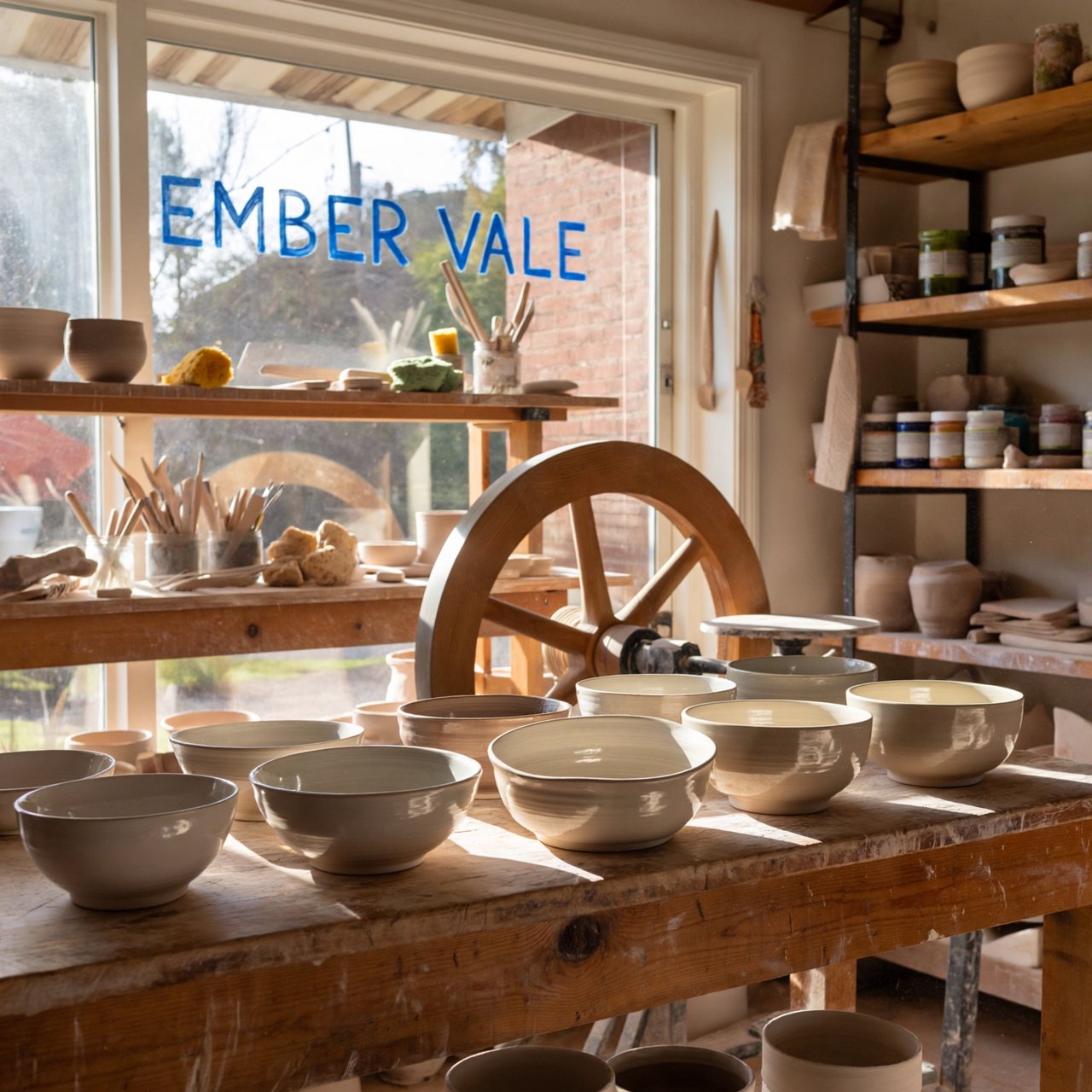 Inside a sunlit ceramics studio, glazed bowls dry beside a turning wheel and shelves of clay tools; "EMBER VALE" is painted in cobalt capitals on the front window. — ImagineArt 2