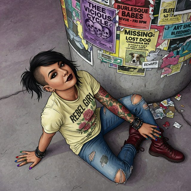 Realistic India ink illustration with crisp black lines, realistic anatomy and proportions, and watercolor fills; black ink outlines remain visible. Full-length, overhead view. A Latina woman sits on the pavement with her back against an enormous, thick round downtown pillar covered in posters for bands, art shows, burlesque, and a lost dog. One hand rests on the pavement, the other on an ankle. She tilts her head back, looking up at the viewer with a confident smile. Character: 25-year-old woman, medium-brown skin, slim build, edgy punk/goth appearance. Black asymmetrical undercut, right side shaved, longer top brushed across forehead, short messy ponytail. Sharp features, arched brows, brown almond-shaped eyes, heavy eyeliner, dark burgundy lipstick, six ear piercings. Each fingernail a different color. Loose pale-yellow graphic T-shirt, ripped blue jeans, dark red combat boots. Full left-arm sleeve tattoo of vines, leaves, and red roses. Thick black leather bracelets on both wrists. — Grok Imagine Image Quality