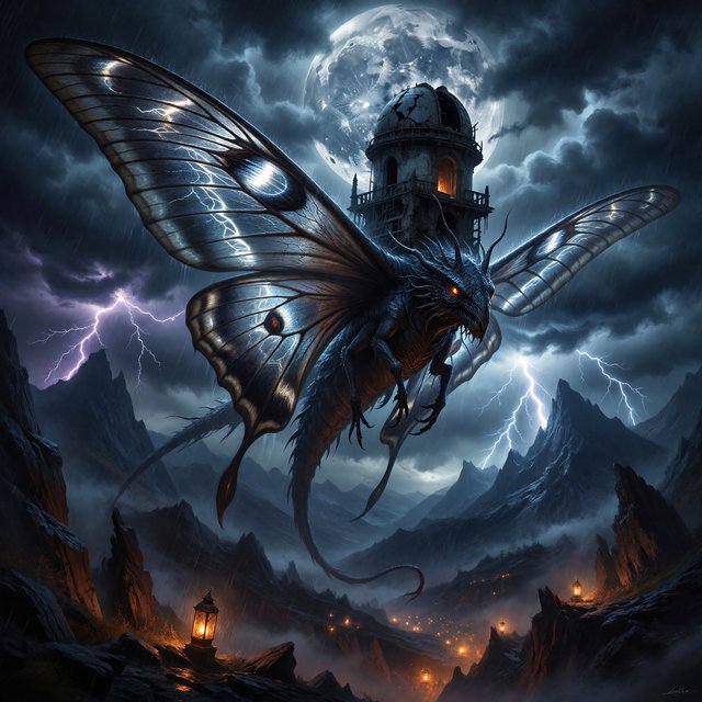 A colossal moon-moth creature glides above a stormy mountain range, its translucent wings glowing with silver veins and carrying a ruined observatory on its back. Lightning silhouettes distant peaks while amber lanterns shimmer through rain and cloud. — ImagineArt 1.5 Pro