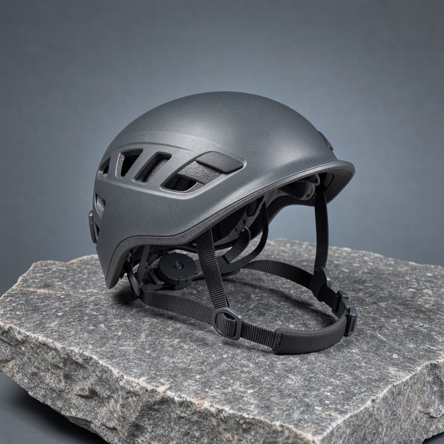 Against a muted slate backdrop, an unbranded climbing helmet with a matte recycled-polymer shell and woven nylon straps rests on rough granite; broad diffused key light and a cool rim light shape this commercial product image, with no lettering. — FLUX 3 Image
