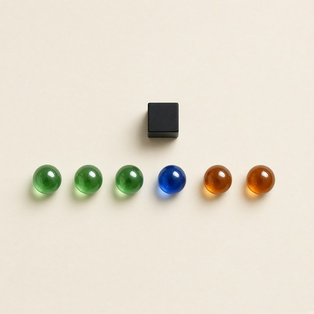 Exactly six glass marbles sit on a cream tabletop: three green marbles in a row on the left, two amber marbles in a row on the right, and one blue marble centered between the rows. A black cube sits above the blue marble, nothing else. — Grok Imagine Image 2