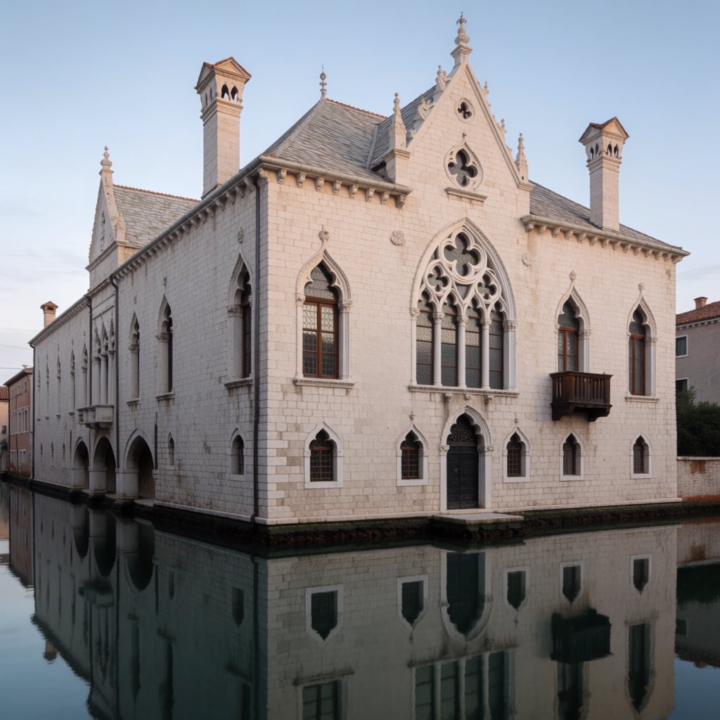 Exterior of a Venetian Gothic opera house beside a quiet canal, pale Istrian limestone, pointed arches, quatrefoil tracery, and a steep slate roof; cool morning light, viewed from across the water, crisp masonry lines and believable structure. — Krea 2 Medium