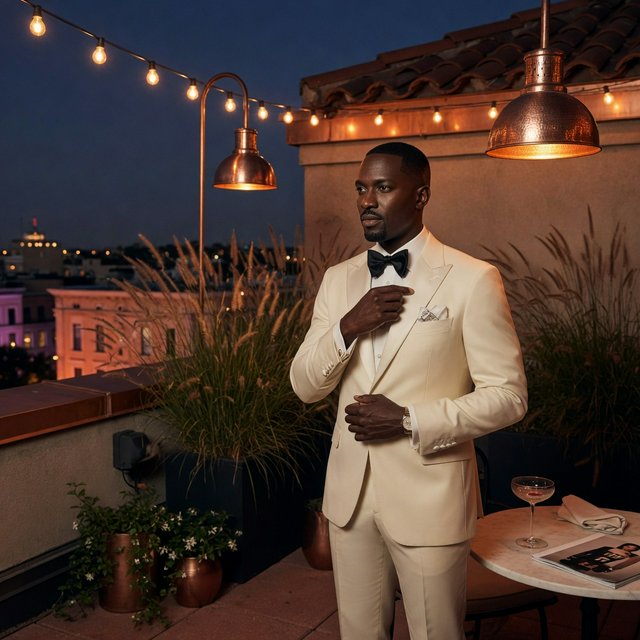 Under the copper glow of a rooftop terrace, an adult Black man in a tailored cream dinner suit is caught smoothing his lapel as evening breeze stirs nearby grasses; calm poise, sculpted shadows and refined fashion-magazine polish. — Grok Imagine Image Quality