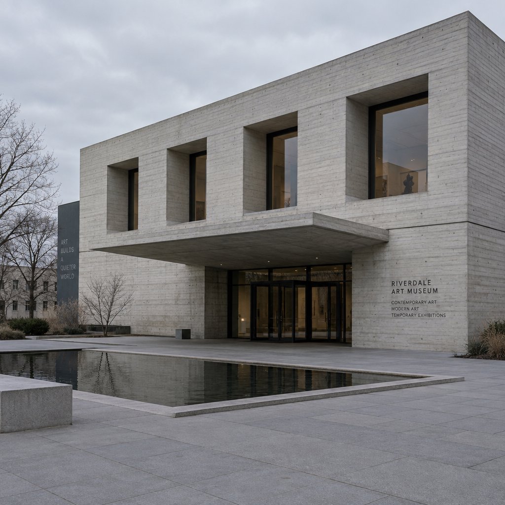 Exterior of a compact brutalist art museum, pale board-formed concrete, deep rectangular window recesses, a broad cantilevered entrance canopy, low reflecting pool, overcast afternoon light, viewed from a quiet plaza at eye level, crisp orthogonal architectural photography. — GPT Image 2.5 Flare