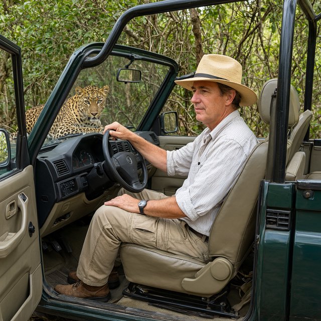 An adult on a jungle safari in his car, with a leopard lurking behind him in the bushes — Qwen Image 3.0 Pro