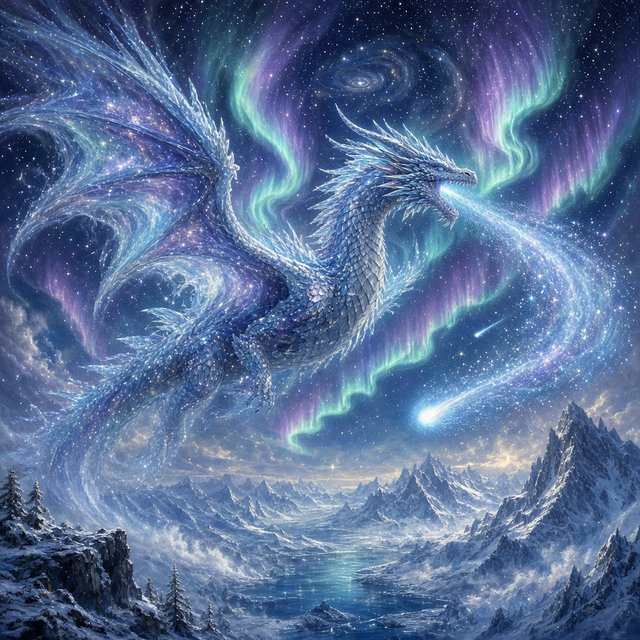 A majestic dragon made of pure starlight and frozen cosmic dust, soaring through a celestial winter landscape. Its scales shimmer with the light of a thousand galaxies, and its breath is a trail of icy comets. The background features swirling aurora borealis over a frozen, mountainous terrain. The style is a blend of painterly fantasy art and surrealism. — Grok Imagine Image 2