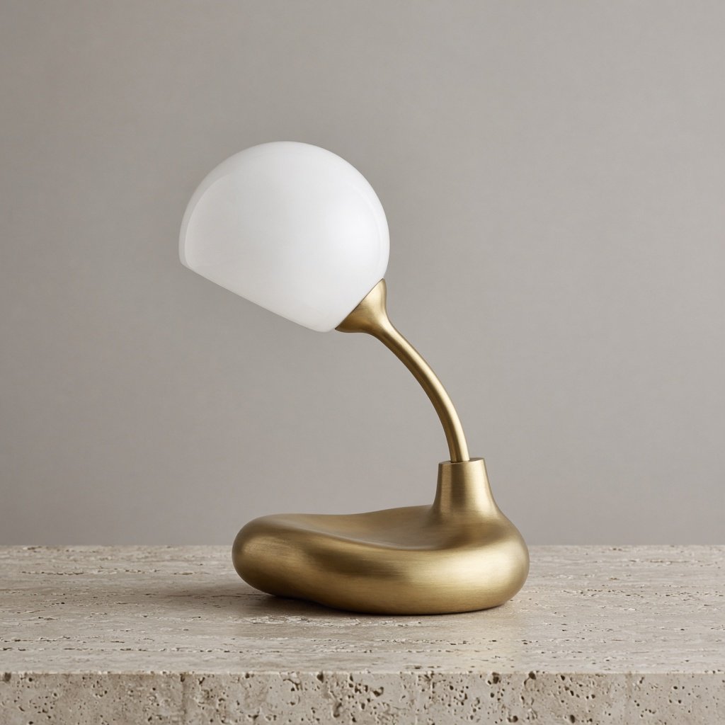 Commercial product photograph of an unbranded sculptural desk lamp made from brushed brass and opal glass, resting on pale travertine, against a warm gray background, with soft diffused light from upper left and gentle grounding shadow. — Grok Imagine Image 2