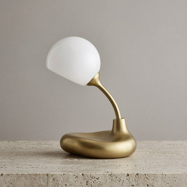 Commercial product photograph of an unbranded sculptural desk lamp made from brushed brass and opal glass, resting on pale travertine, against a warm gray background, with soft diffused light from upper left and gentle grounding shadow. — Grok Imagine Image 2