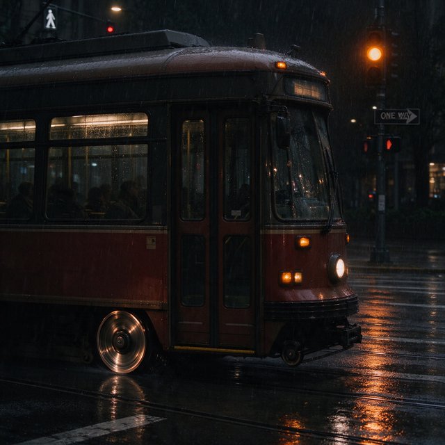 At a rain-darkened intersection, a tram grinds through a curve, its steel wheels shining beneath amber signal glow. A street-level news photo, shot on a 35mm lens with moderate depth of field, catches beads of water on the windows and slight wheel blur. — Seedream 5.0 Flash