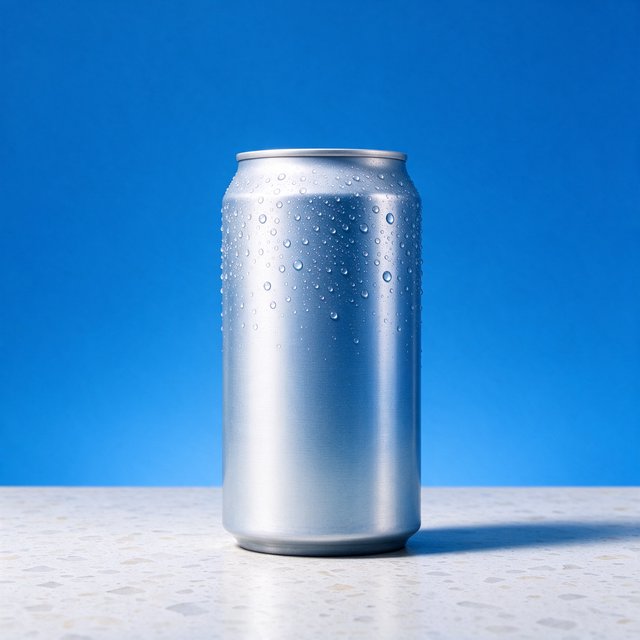 A slim, unbranded sparkling-water can of brushed aluminum, beaded with condensation, stands on a pale terrazzo surface against a seamless electric-blue background; broad overhead diffusion and a crisp side strip create clean highlights, with no lettering or graphics. — Seedream 5.0 Flash