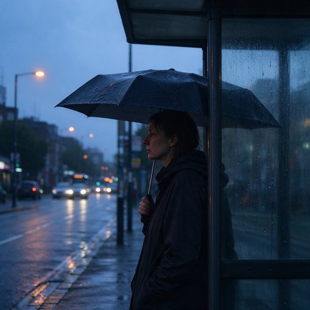 Candid documentary photograph of an adult waiting beside a city bus shelter at dawn, sodium streetlights fading into cool blue daylight, 50mm lens with shallow depth of field, fine rain droplets clinging to the shelter glass. — Seedream 5.0 Flash