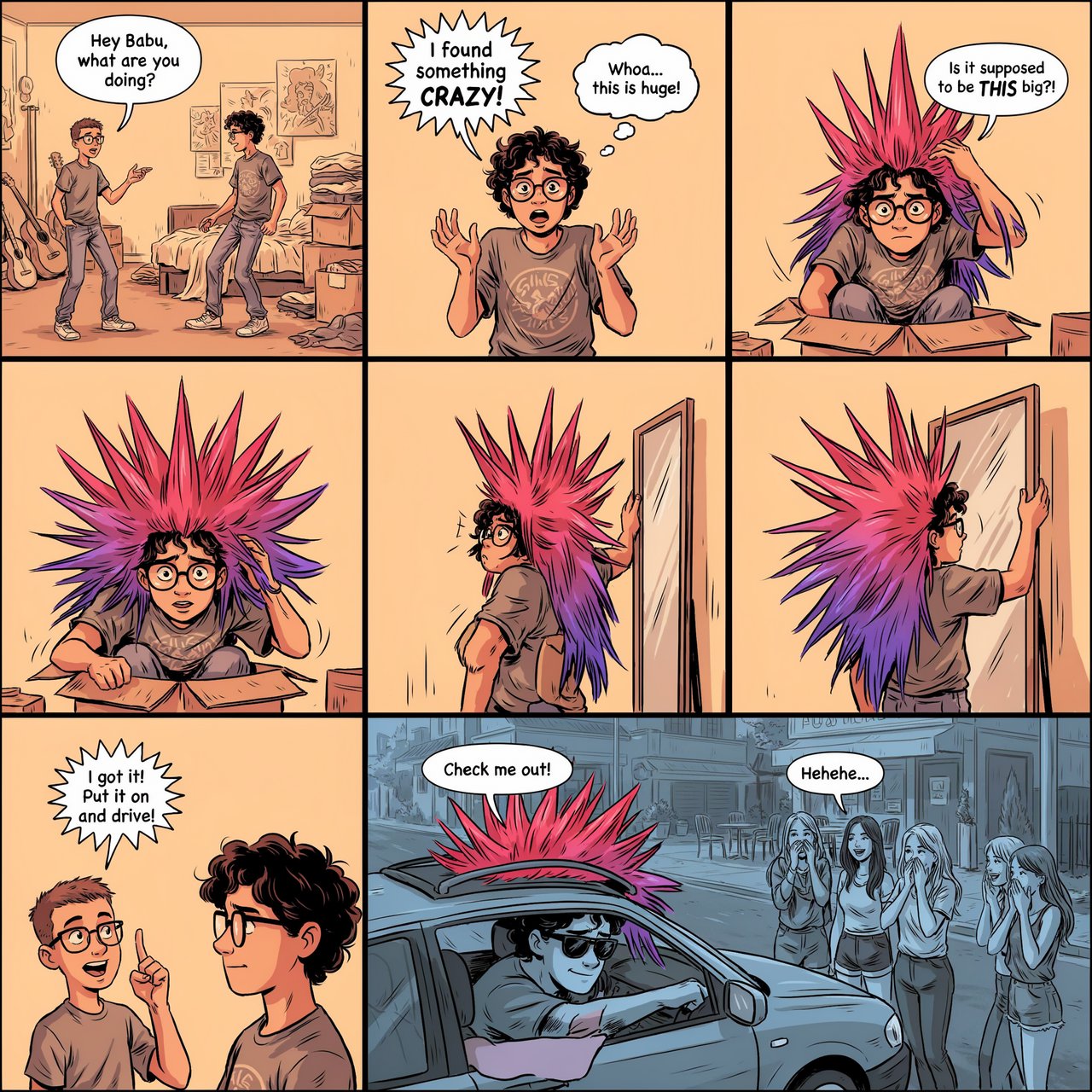 A three-row, six-panel sequence. Panel 1: A short-haired, nerdy man is talking to his friend Babu, another nerd with curly hair and round-frame glasses. They are both 20. Babu's room has a guitar and boxes full of things. Panel 2: Babu is exclaiming to his friend, saying something! Middle row, panel 3: Babu brings a spiky Mohican wig, pink to purple in color, out of one of his boxes. But it is oddly big. Panel 4: Babu stands in front of a wall mirror wearing the spiky wig—it is oddly very big! He looks concerned. Bottom row, panel 5: Babu's nerdy friend exclaims something to him, as if he has had an idea. Bottom row, panel 6: Babu is in a right-hand-drive sedan with a sunroof. Half of the spiky hair on his wig sticks out through the sunroof. The car is parked in front of a neighborhood hangout. Babu is looking out of the window, with one hand out of it. He wears sunglasses, trying to look cool. Several pretty adult women his age are giggling at him. — Ideogram v4
