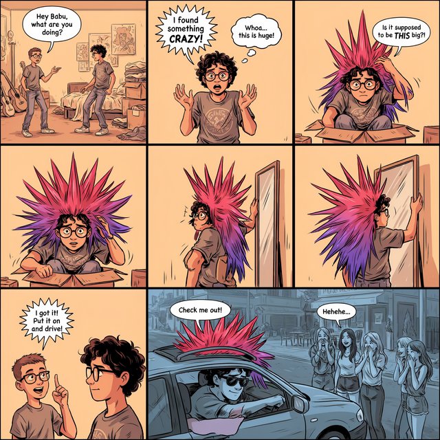 A three-row, six-panel sequence. Panel 1: A short-haired, nerdy man is talking to his friend Babu, another nerd with curly hair and round-frame glasses. They are both 20. Babu's room has a guitar and boxes full of things. Panel 2: Babu is exclaiming to his friend, saying something! Middle row, panel 3: Babu brings a spiky Mohican wig, pink to purple in color, out of one of his boxes. But it is oddly big. Panel 4: Babu stands in front of a wall mirror wearing the spiky wig—it is oddly very big! He looks concerned. Bottom row, panel 5: Babu's nerdy friend exclaims something to him, as if he has had an idea. Bottom row, panel 6: Babu is in a right-hand-drive sedan with a sunroof. Half of the spiky hair on his wig sticks out through the sunroof. The car is parked in front of a neighborhood hangout. Babu is looking out of the window, with one hand out of it. He wears sunglasses, trying to look cool. Several pretty adult women his age are giggling at him. — Ideogram v4