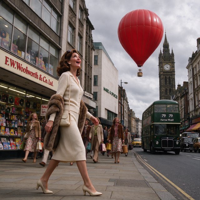 A glamorous woman walking down a busy UK high street in 1977. There are cars, buses and shops full of merchandise. Something surprising catches her eye. — Seedream 5.0 Flash