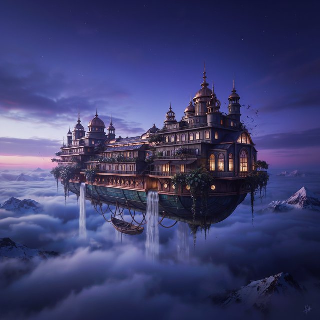 A colossal floating archive-ship drifts above storm clouds, its bronze hull wrapped in hanging gardens and luminous windows, while waterfalls spill into the sky. Distant mountain peaks pierce the cloud sea beneath a violet sunset and cold silver moonlight. — Ideogram v4