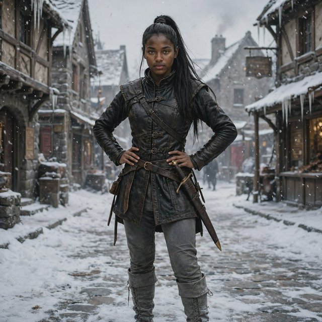 An eighteen-year-old woman. She has long straight black hair tied up, brown eyes, and dark skin. She is wearing a dark leather tunic, grey leather pants, and leather boots. She has a sheathed dagger on her hip, standing with her hands on her hips and looking at the viewer. She is standing in a snowy medieval city. — Model 14