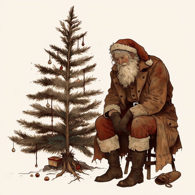 A melancholic, somewhat disheveled Santa Claus in a worn, dirty coat. He sits in his cabin at the North Pole next to a desolate, needleless Christmas tree, its decorations hanging only sporadically. The aura radiates a quiet despair. — Midjourney Niji 7