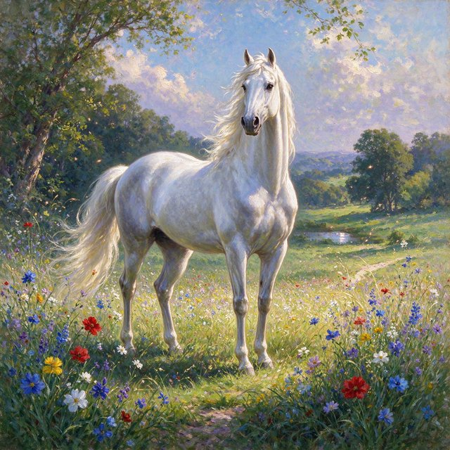 a regal white horse with a flowing mane, standing in a sun-dappled meadow filled with vibrant wildflowers. Gentle light illuminates the scene, highlighting the horse's powerful physique and the delicate details of the flowers. The style is reminiscent of Romantic era landscape paintings with a soft, impressionistic touch. — Seedream 5.0 Flash