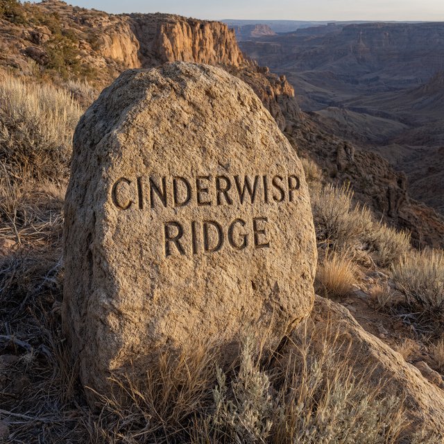 At a high desert canyon overlook, a weathered granite trail marker rises among sage and pale grasses; "CINDERWISP RIDGE" is deeply carved across its broad face, the cut letters catching slanting amber light. — Qwen Image 3.0 Pro
