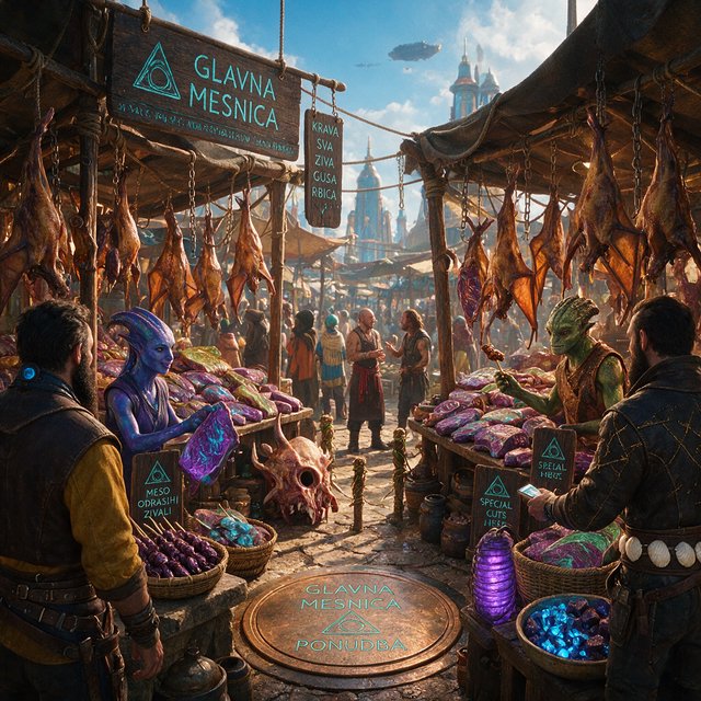 Exotic alien meat market with every possible meat imaginable on sale! — Seedream 5.0 Pro