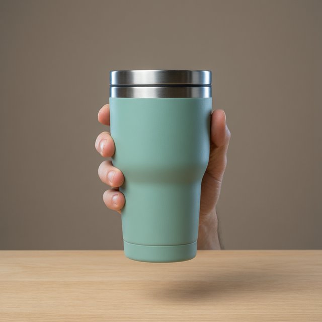 An adult hand lifts an unbranded insulated travel mug, its matte sea-glass polymer body and brushed-steel rim catching softbox highlights above a pale oak counter; warm gray studio backdrop, broad diffused key and cool edge light, no face or lettering. — Qwen Image 3.0