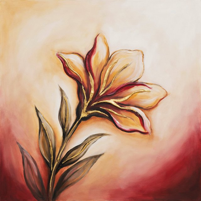 Gently sweeping forms emerge from long, subtle color transitions and soft contours. Bold ink strokes create resilient, confident edges that taper and densify in response to pressure. Raised, polished gold captures directional light in warm, metallic flashes. Luminous, rim-lit gradients blend wet-on-wet into floating patches of color, while a restrained palette of warm ochre, ivory, and deep crimson creates radiant, painterly highlights against a soft, atmospheric background. A flower in the summer wind. — Ideogram v4.5