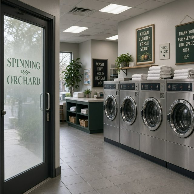 Inside a quiet neighborhood laundromat, chrome machines and folded linen glow beneath cool ceiling lights; "SPINNING ORCHARD" is printed in pale mint letters on the frosted glass entry door. — Grok Imagine Image 2