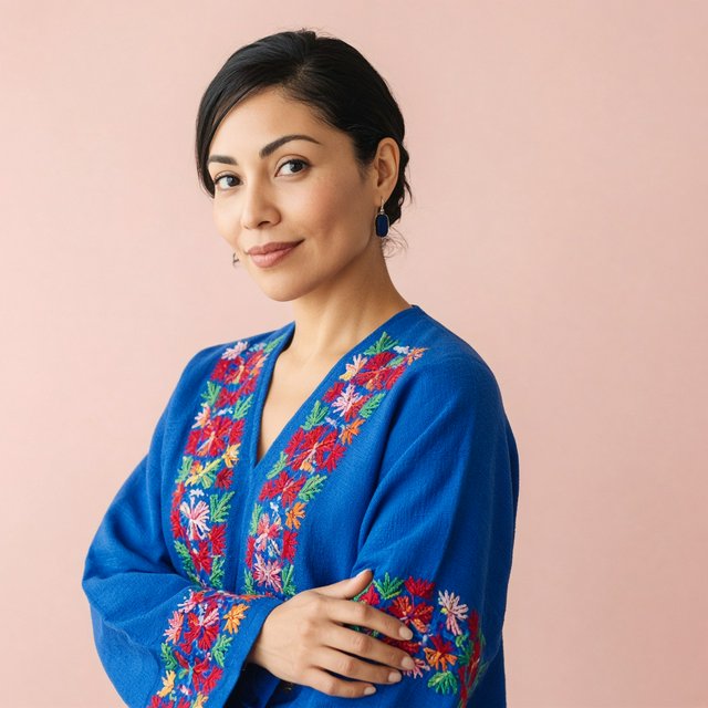 Fashion portrait of an adult Latina woman in her late 20s wearing a handwoven cobalt-blue cotton jacket, one hand touching its embroidered cuff, curious half-smile, against a pale peach studio backdrop, soft diffused window light shaping her face. — Grok Imagine Image 2