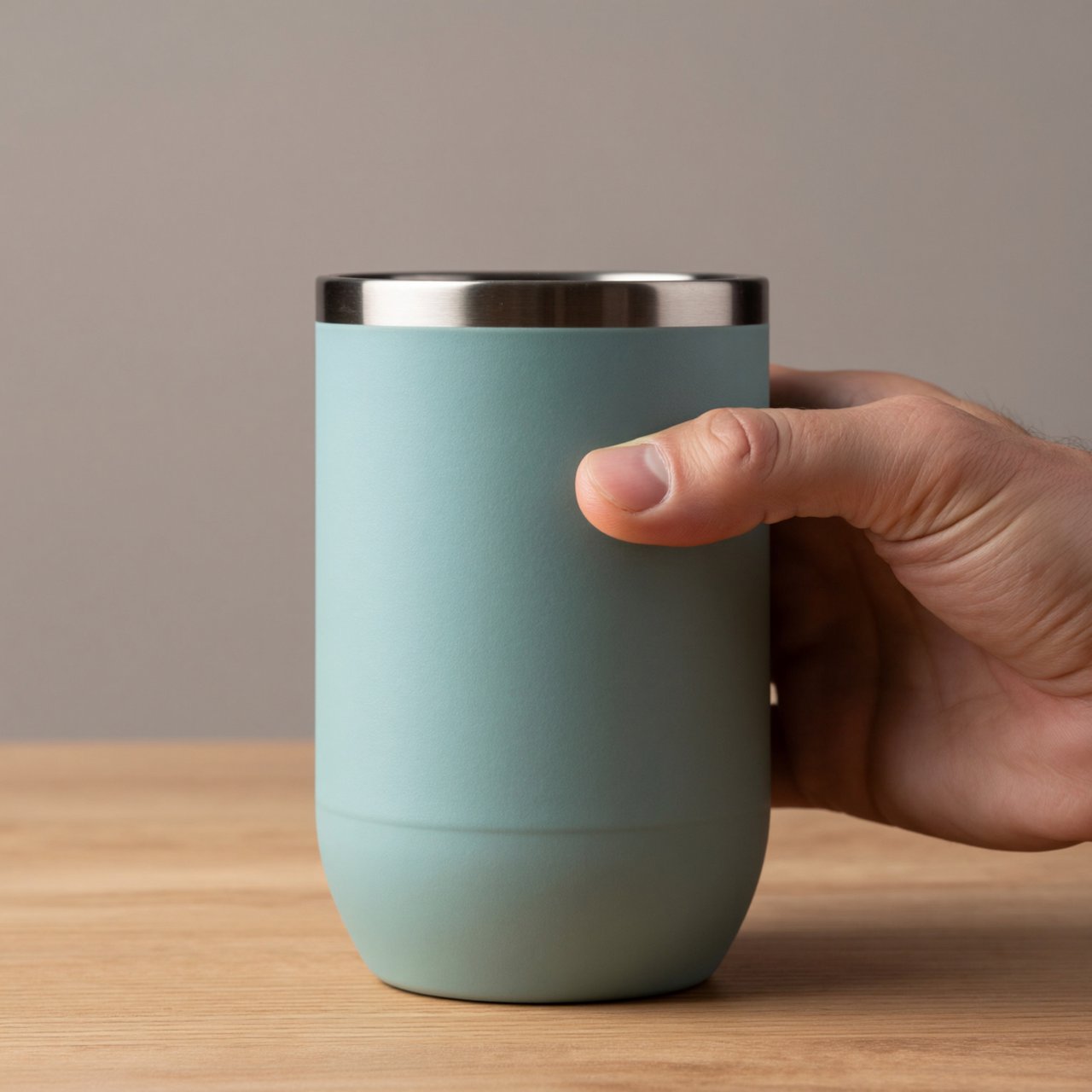 An adult hand lifts an unbranded insulated travel mug, its matte sea-glass polymer body and brushed-steel rim catching softbox highlights above a pale oak counter; warm gray studio backdrop, broad diffused key and cool edge light, no face or lettering. — ImagineArt 2