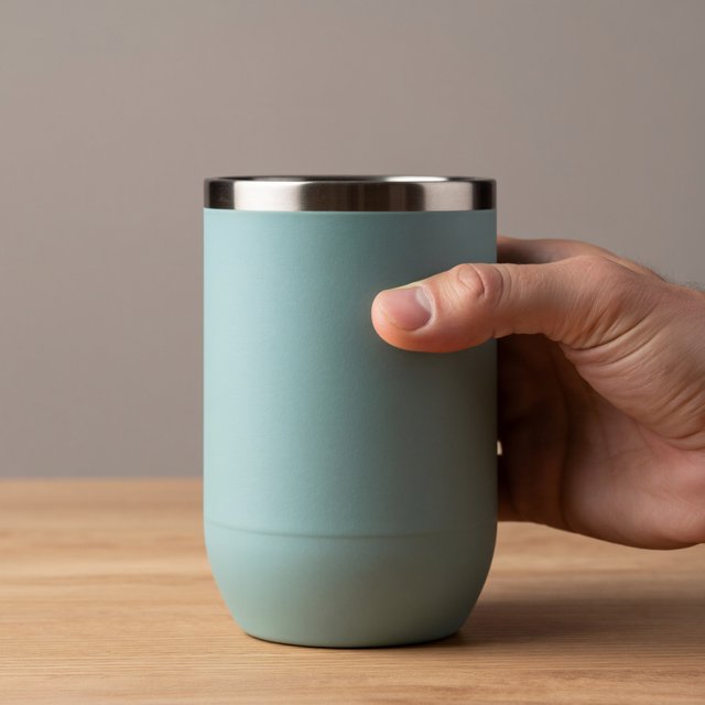 An adult hand lifts an unbranded insulated travel mug, its matte sea-glass polymer body and brushed-steel rim catching softbox highlights above a pale oak counter; warm gray studio backdrop, broad diffused key and cool edge light, no face or lettering. — ImagineArt 2