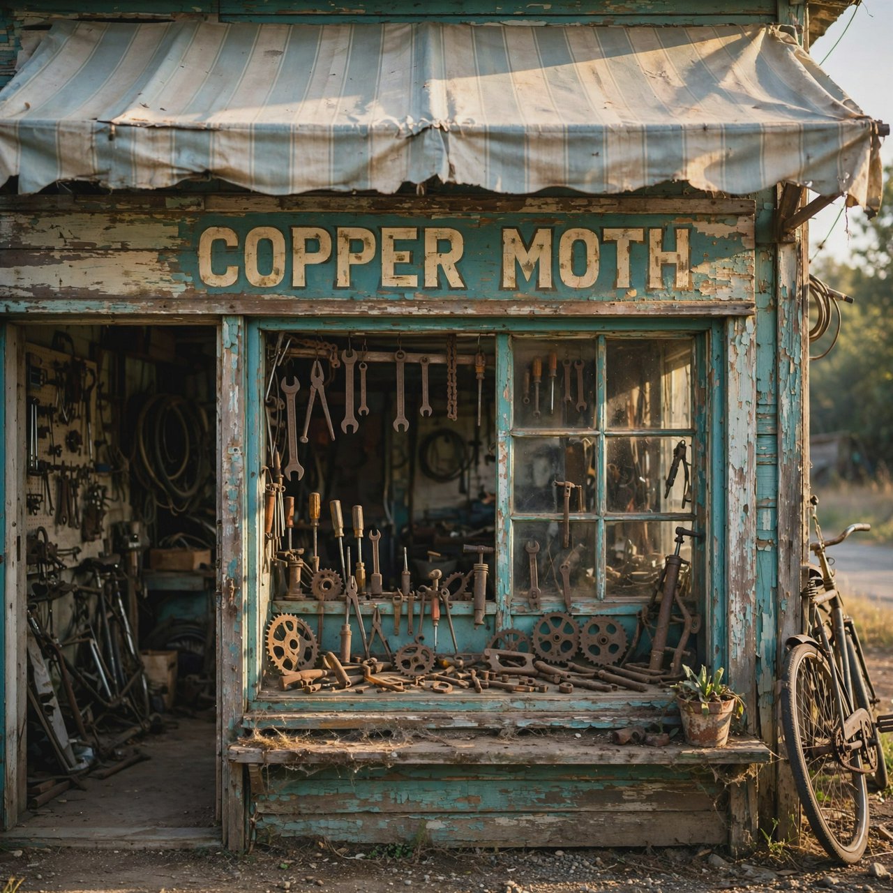 An old roadside bicycle workshop beneath a faded striped awning, rusted tools displayed in the window, with "COPPER MOTH" painted in cream block letters across the weathered wooden fascia, afternoon sunlight catching peeling turquoise paint. — Muse Image 1.0
