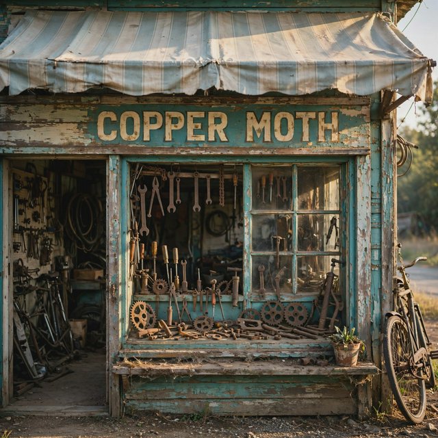 An old roadside bicycle workshop beneath a faded striped awning, rusted tools displayed in the window, with "COPPER MOTH" painted in cream block letters across the weathered wooden fascia, afternoon sunlight catching peeling turquoise paint. — Muse Image 1.0